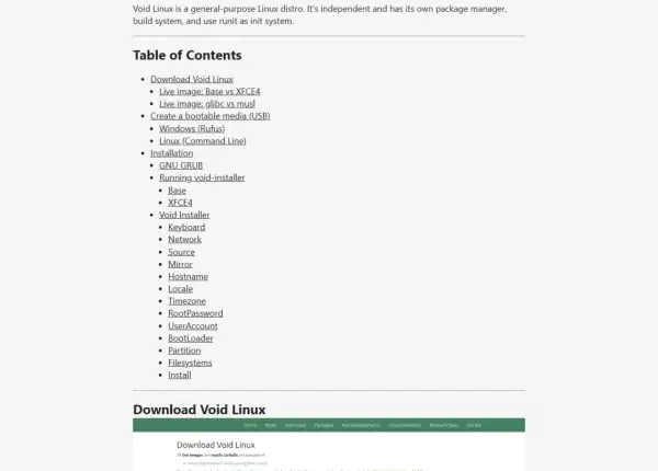 Tabla de contenidos para instalar Void Linux, incluyendo descargas, imágenes live, y configuración.