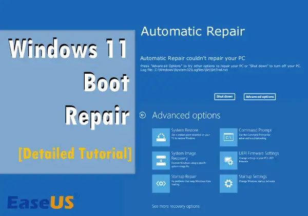 Pantalla de Reparación Automática de Windows 11. Opciones avanzadas para solucionar problemas de arranque, incluyendo la configuración de secure boot.
