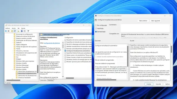 Configuración para desactivar actualizaciones Windows 11. Se muestra la opción "Deshabilitada" para la configuración de actualizaciones automáticas.