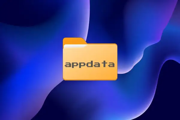 Carpeta naranja con el texto "appdata" en píxeles, sobre un fondo azul abstracto. Ideal para ilustrar la tarea de limpiar appdata.
