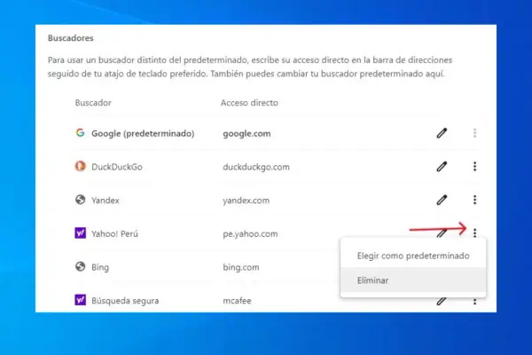 Cómo quitar Yahoo del buscador: se muestra la opción "Eliminar" para desinstalar Yahoo de los buscadores predeterminados.
