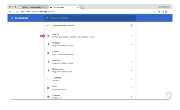 Configuración de Chrome: opción Cookies. Aprende cómo eliminar cookies y gestionar permisos.