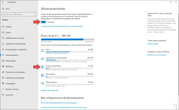Configuración de Almacenamiento en Windows 10 para limpiar archivos temporales y liberar espacio.