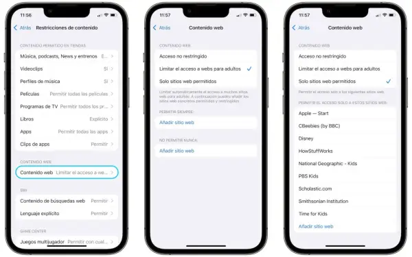 Configuración de control parental en iPhone para limitar contenido web, similar a control parental iPad desde Android.