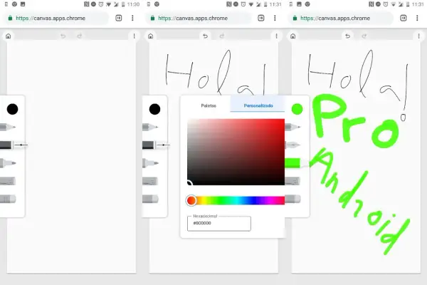 En el chrome canvas, se escribe "Hola" y "Pro Android" en verde brillante. Se muestra un selector de color.