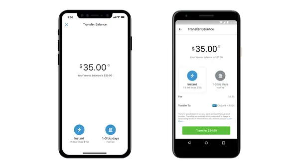 Dos pantallas de móvil muestran cómo transferir $35 de tu saldo Venmo. Una opción es instantánea con una comisión, la otra es gratis en 1-3 días.