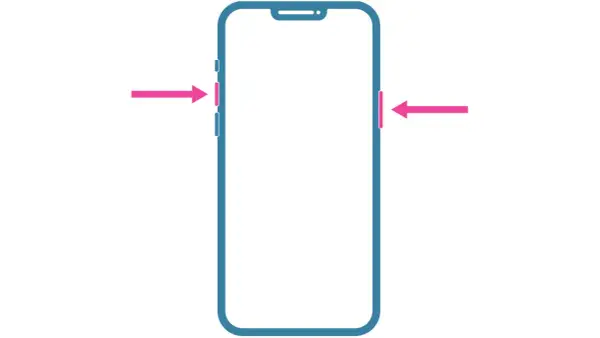 Flechas rosas indican cómo hacer captura de pantalla en iPhone 8: presiona el botón lateral y el botón de subir volumen simultáneamente.