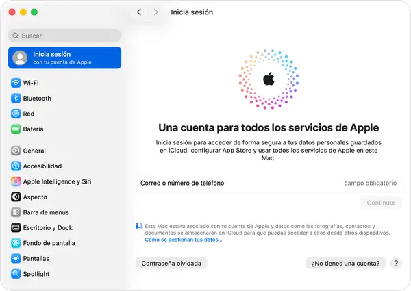Pantalla de inicio de sesión de Apple. Permite crear ID Apple niño para acceder a iCloud y otros servicios.