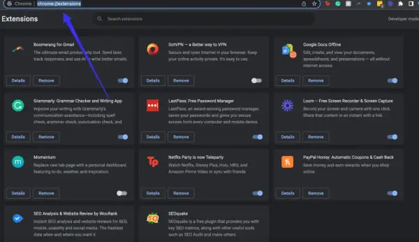 Página de extensiones de Chrome. Aprende como quitar una extensión de Chrome para gestionar tus complementos.