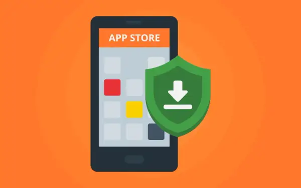 Teléfono con pantalla "APP STORE" y un escudo verde con flecha de descarga. Guía para saber como instalar un antivirus.