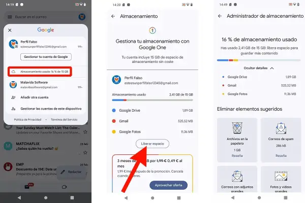 Captura de pantalla de un teléfono móvil mostrando la gestión del almacenamiento de Google, indicando que el espacio está casi lleno, lo que podría ser la razón por la que no me llegan los correos.