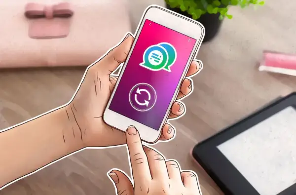 Mano sujetando un smartphone con un icono de chat y un símbolo de actualización, indicando cómo actualizar una app.