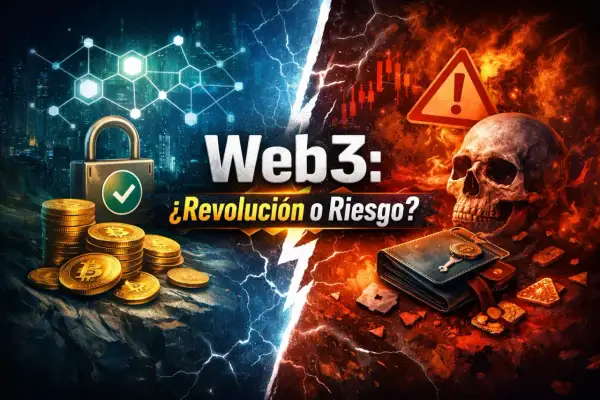 Web3: ¿revolución o riesgo? Montones de bitcoins y un candado seguro contrastan con un cráneo, una billetera y un gráfico de riesgo, simbolizando la dualidad de la web 3.