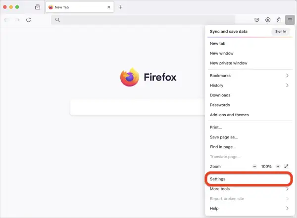Menú de Firefox con "Ajustes" resaltado, donde se gestionan contraseñas y otros datos.