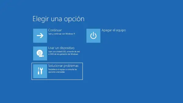 Pantalla de opciones de Windows: continuar, usar dispositivo, apagar o solucionar problemas. Si eliges solucionar problemas, podrás reiniciar en modo seguro.