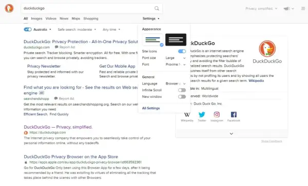 DuckDuckGo que es: buscador privado con opciones de apariencia y configuración. Protege tu información.