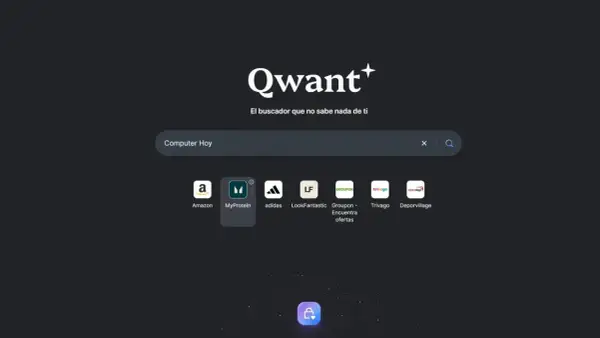 Qwant buscador: "Computer Hoy" en la barra de búsqueda. Iconos de Amazon, MyProtein, Adidas, LookFantastic, Groupon, Trivago y Deporvillage.
