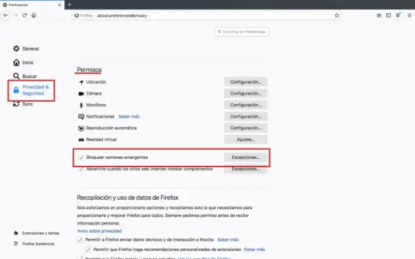 Configuración de Firefox: la opción "Bloquear ventanas emergentes" está marcada, lo que significa que el navegador está configurado para impedir su aparición.